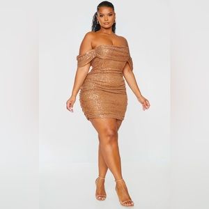 PLUS MOCHA SEQUIN BARDOT BODYCON DRESS